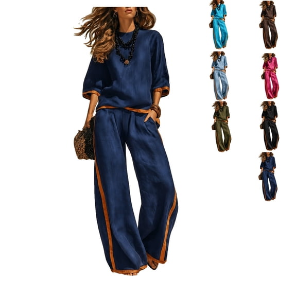 Clossjun Womens Cotton Linen Outfit Sets Two Piece Loose Fits Top & Side Stripe Long Pants Sets Casual Going Out Lounge Sets M
