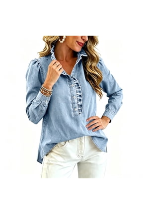 Womens Denim Blouses Puff Sleeve Button Down Ruffle Shirts Y2k Jean Tops Summer Dressy Casual Loose Fit Tunic Sweatshirts