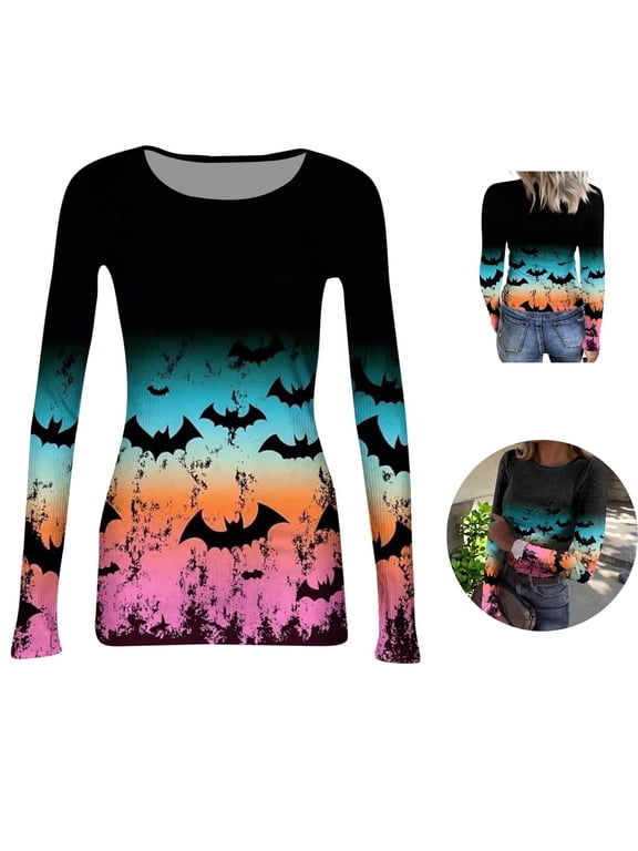 Womens Halloween T-Shirts Long Sleeve Breathable Lightweight Tops Crewneck Classic Fitted Cute Fashion Blouses With Funny Ghost Bat Pumpkin Print Pink 2XL