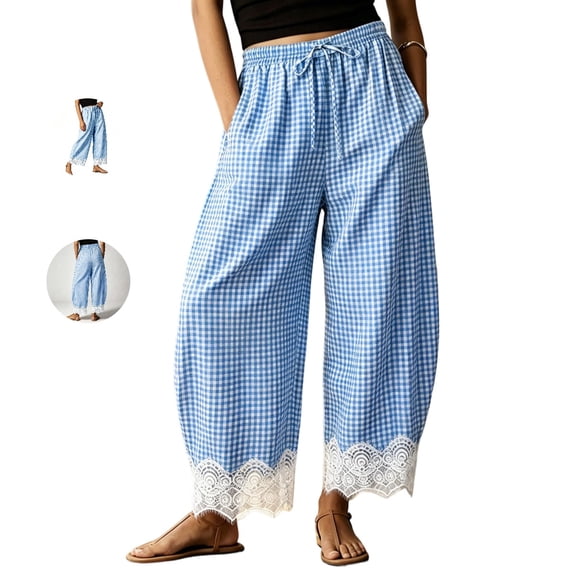 Clossjun Womens Lace Gingham Barrel Pants Wide-Leg Regular Length Athletic Pant Elastic Drawstring Waist Lounge Trousers with Pockets 2XL