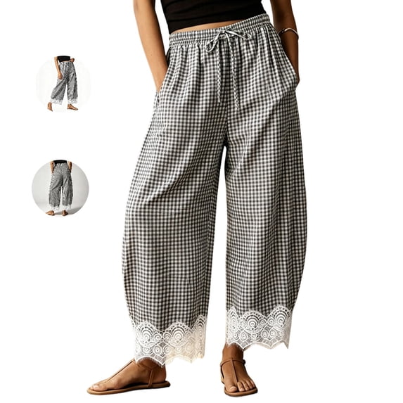 Clossjun Womens Lace Gingham Barrel Pants Wide-Leg Regular Length Athletic Pant Elastic Drawstring Waist Lounge Trousers with Pockets L