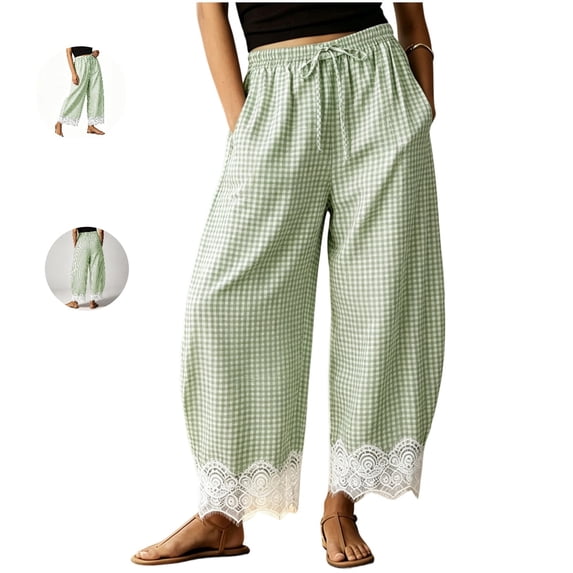 Clossjun Womens Lace Gingham Barrel Pants Wide-Leg Regular Length Athletic Pant Elastic Drawstring Waist Lounge Trousers with Pockets S