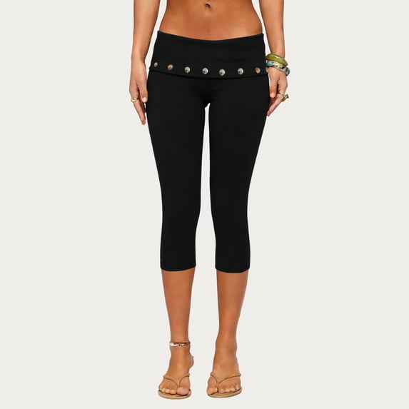 Clossjun Womens Pants Fold Over Capri Low Rise Yoga Leggings Knee Length Cropped Flared Bell Bottom Athletic Pants Y2k Sweatpants