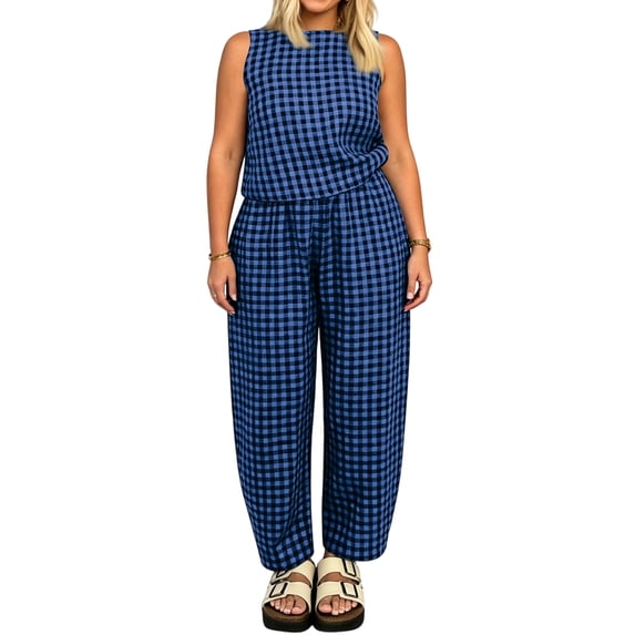 Clossjun Womens Sets 2 Piece Summer Plaid Sleeveless Tops Wide Leg Pants Matching Lounge Outfis Beach Vacation Suits