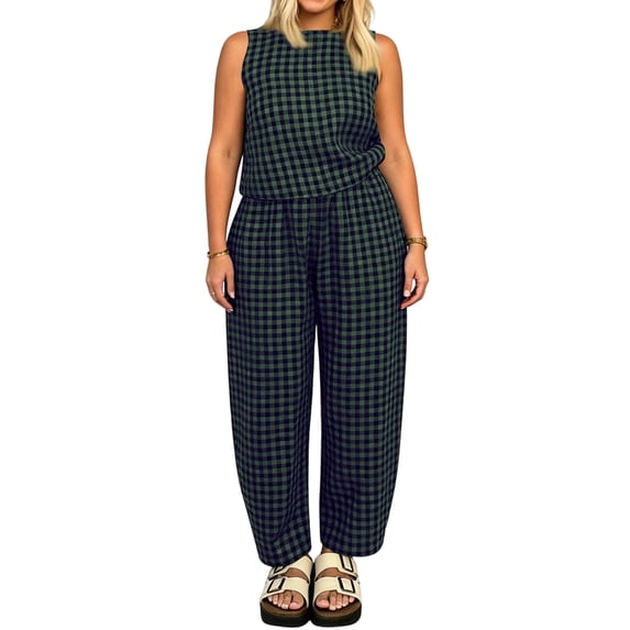 Clossjun Womens Sets 2 Piece Summer Plaid Sleeveless Tops Wide Leg Pants Matching Lounge Outfis Beach Vacation Suits