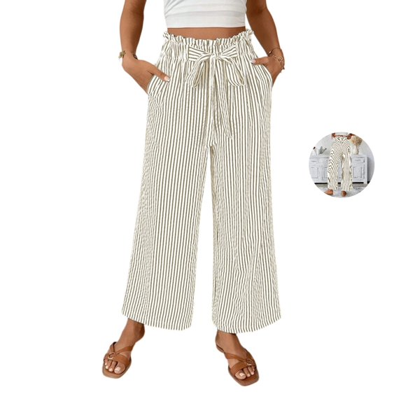Clossjun Womens Striped Print Pants Drawstring Y2k Casual Daily Wear Athletic Pants Loose Fit Wide-Leg Lightweight Trousers With Pockets XL