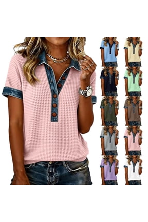 Womens Tops Summer Denim Patchwork Collar Short Sleeve Polo Shirts, Fashion Breathable Waffle Knit Tops