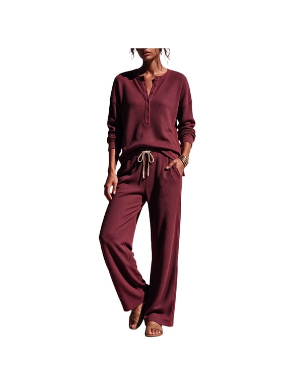 Womens Track Suits Waffle Knit Casual Lounge Set 2 Piece Long Sleeve Top and Pants Sets for Sport Work Out M