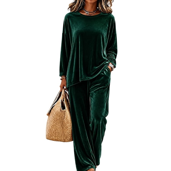 Clossjun Womens Velvet Sweat Suit 2 Pieces Casual Fashion Fall Outfits Long Sleeve Velour Top & Wide Leg Pant Lounge Sets for Work Out L