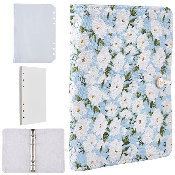 Cloth Binder Notebooks with Transparent PVC 6-hole Loose-leaf Invoice Pocket Flower 232x160x25mm Sky Blue