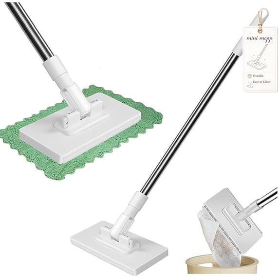 Cloth Changing Mini Mop with 10 Reusable Pads, 360° Rotating Self-Clamping Mop with 100cm Telescopic Handle, Hands-Free Wet & Dry Cleaning Mop for Home Use