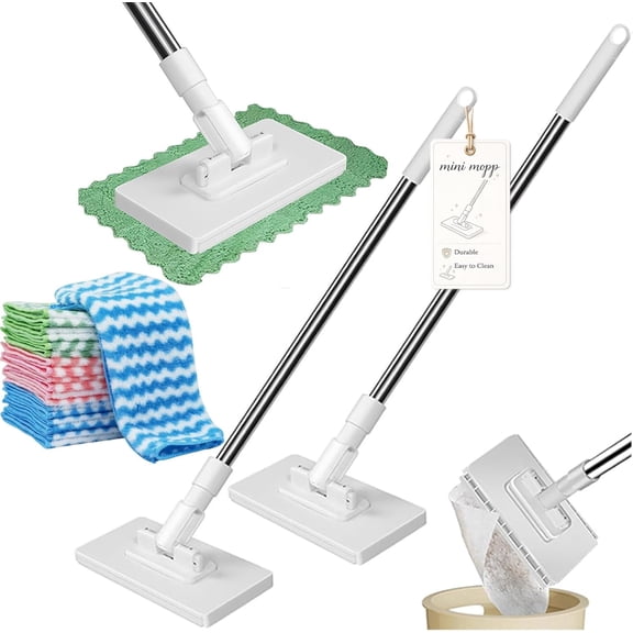 Cloth Changing Mini Mop – Self Clip Cleaning Mop with 10 Reusable Pads, 360° Hands-Free Pad Ejection, 100cm Telescopic Handle for Wet and Dry Use