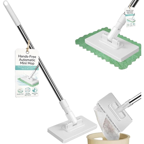 Cloth Changing Mini Mop, 360° Automatic Hands-Free Pad Ejection with 10 Cleaning Cloths, Wet & Dry Use, Stainless Steel Handle for Kitchen Cabinets, Windows, Mirrors & Furniture