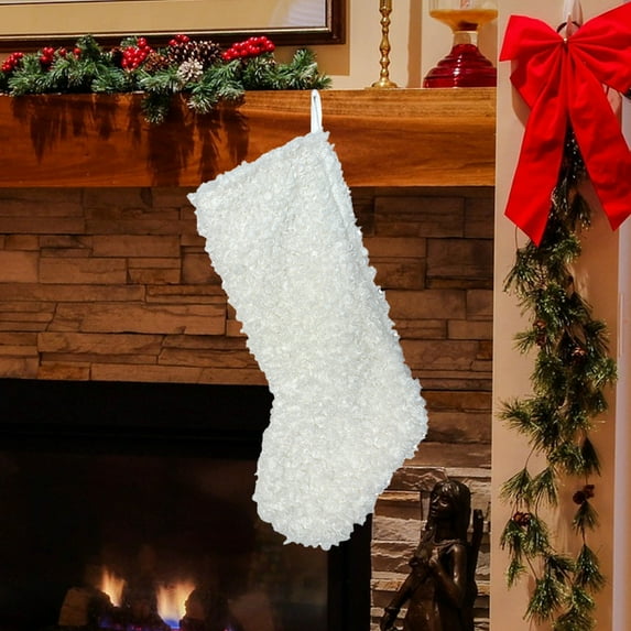 Cloth Christmas Stocking 18.9 Inch - Plush Festive Gift Bag for Fireplace Mantel Tree Decoration, Large Capacity for Candy Toys Gifts, Holiday Home Decor White