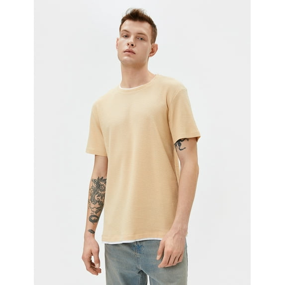 Cloth Detail Crew Neck Slim Fit Textured Basic T-Shirt