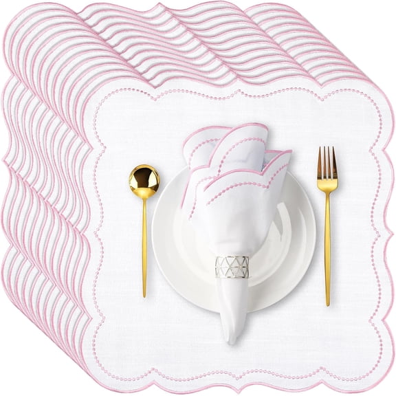 Cloth Napkins 18x18inches Scalloped Embroidery Cloth Napkins Washable Polyester Table Dinner for Hotel Restaurant Weddings Events Parties (Light Pink,12 Set)