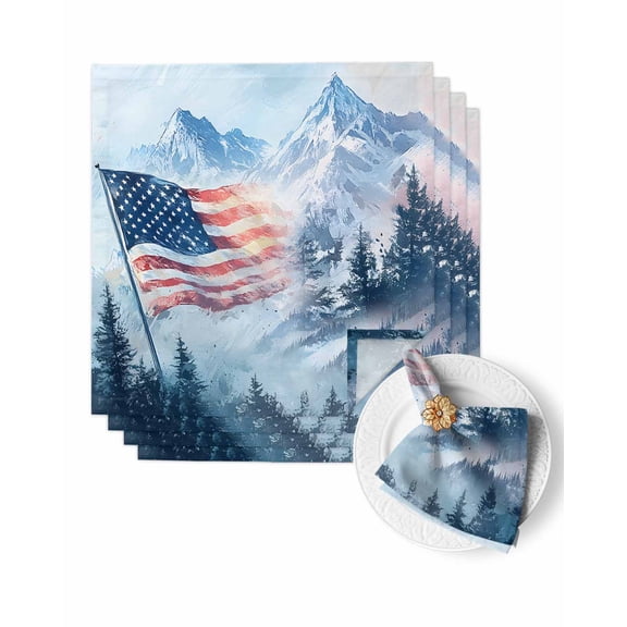 Cloth Napkins American National Flag on Mountain Washable Soft Kitchen Dinner Napkin Set of 4,Watercolor Forest Landscape Reusable Cocktail Napkins for Wedding Holiday Party Event,20x20In