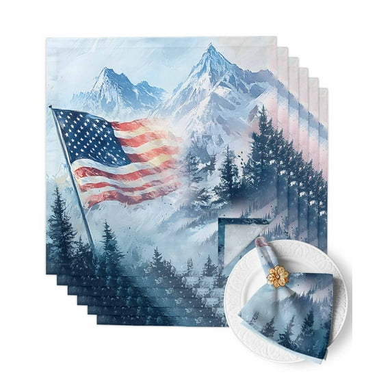 Cloth Napkins American National Flag on Mountain Washable Soft Kitchen Dinner Napkin Set of 6,Watercolor Forest Landscape Reusable Cocktail Napkins for Wedding Holiday Party Event,20x20In