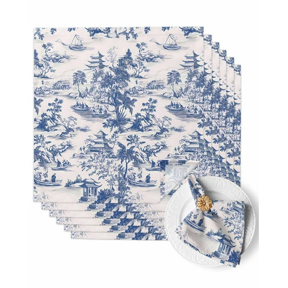 Cloth Napkins Blue Chinoiserie Garden Pavilion Washable Soft Kitchen Dinner Napkin Set of 6,Asian Scenic Hill Boat Plant Reusable Cocktail Napkins for Wedding Holiday Party Event,20x20In