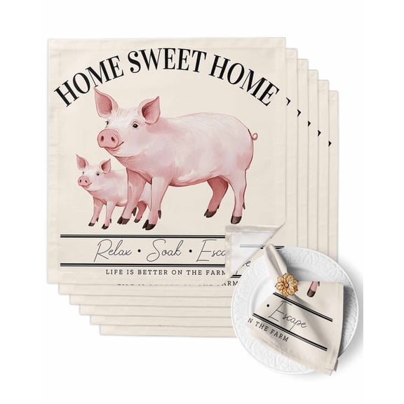 Cloth Napkins Country Pink Pig Farmhouse Theme Washable Soft Kitchen Dinner Napkin Set of 6,Sweet Home Farm Text Animals Reusable Cocktail Napkins for Wedding Holiday Party Event,20x20In