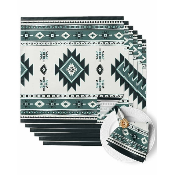 Cloth Napkins Farm Ethnic Tribal Green Pattern Washable Soft Kitchen Dinner Napkin Set of 6,Aztec Abstract Geometric Art Reusable Cocktail Napkins for Wedding Holiday Party Event,20x20In