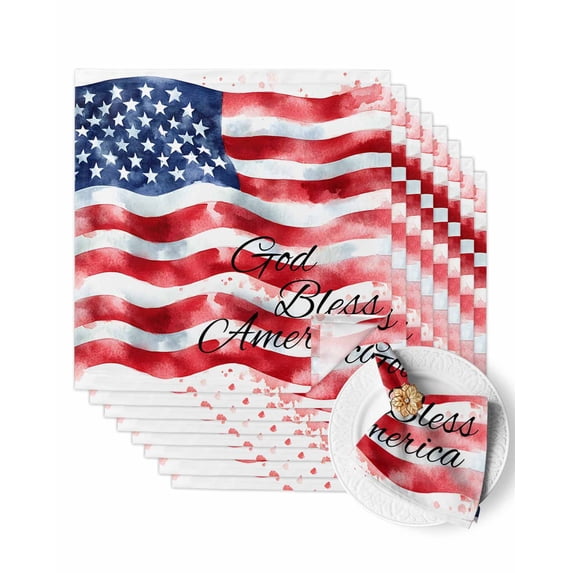 Cloth Napkins Independence Day USA Flag Bless Text Washable Soft Kitchen Dinner Napkin Set of 8,Watercolor Star and Stripe Reusable Cocktail Napkins for Wedding Holiday Party Event,20x20In