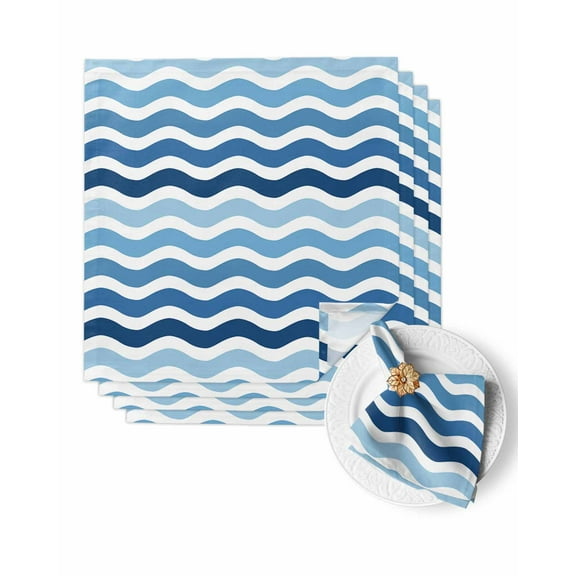 Cloth Napkins Minimalist Blue Ombre Wave Stripe Washable Soft Kitchen Dinner Napkin Set of 4,Abstract Ocean Water Ripple Reusable Cocktail Napkins for Wedding Holiday Party Event,20x20In