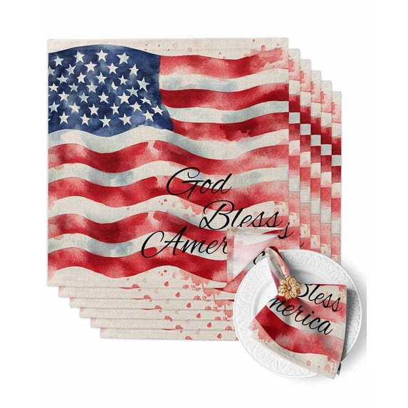 Cloth Napkins Retro Watercolor American Flag on Linen Washable Soft Kitchen Dinner Napkin Set of 6,Independence Day Theme Reusable Cocktail Napkins for Wedding Holiday Party Event,20x20In