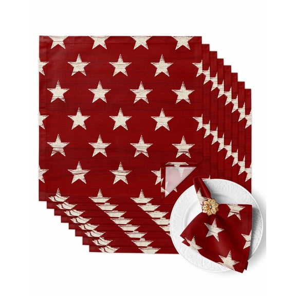Cloth Napkins Retro White Stars on Red Wooden Washable Soft Kitchen Dinner Napkin Set of 8,4th of July Patriotic USA Flag Reusable Cocktail Napkins for Wedding Holiday Party Event,20x20In