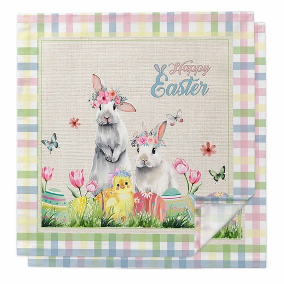 Cloth Napkins Set of 2 - 20x20 Inches, Bunny Easter Washable Reusable Table Napkins, Spring Floral Eggs Animals Rustic Soft & Absortbent Dining Napkin for Party Wedding Hotel Restaurant