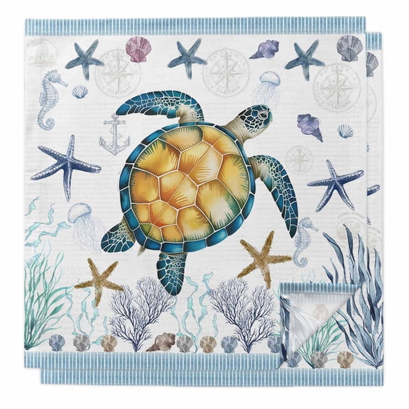 Cloth Napkins Set of 2 - 20x20 Inches, Coastal Turtle Washable Reusable Table Napkins, Ocean Nautical Starfish Conch Seashells Soft & Absortbent Dining Napkin for Party Wedding Hotel Restaurant