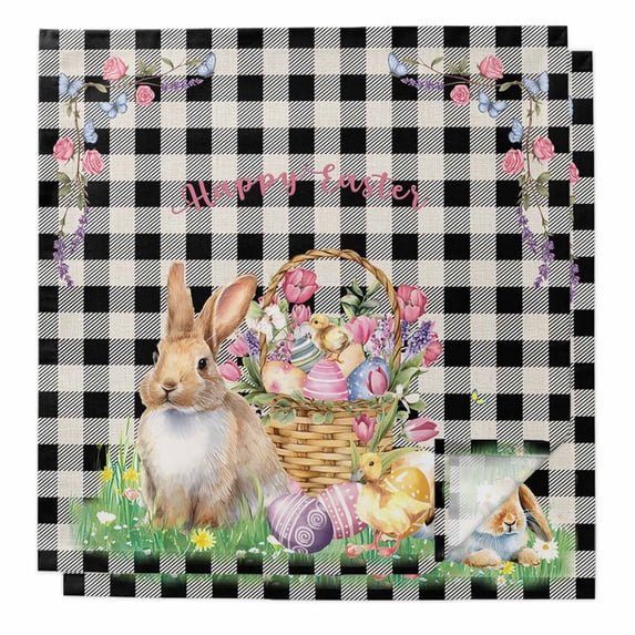 Cloth Napkins Set of 2 - 20x20 Inches, Easter Bunny Washable Reusable Table Napkins, Spring Easter Eggs Floral Black White Check Soft & Absortbent Dining Napkin for Party Wedding Hotel Restaurant