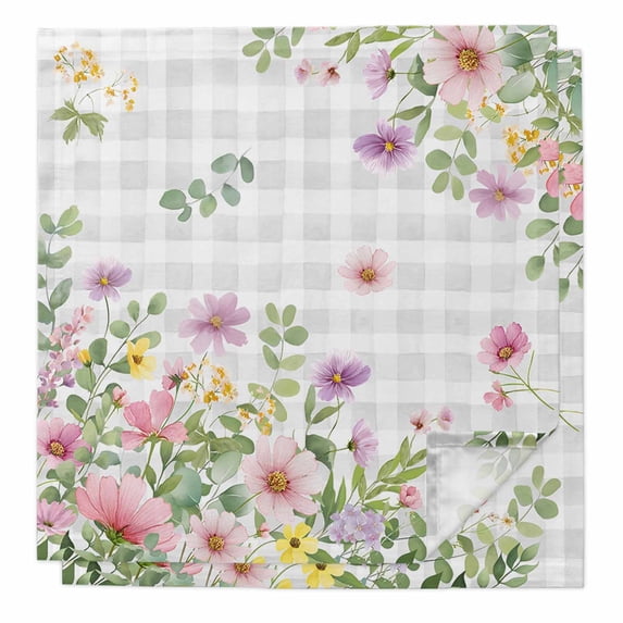 Cloth Napkins Set of 2 - 20x20 Inches, Pink Purple Flower Washable Reusable Table Napkins, Spring Country Floral Leaf Grey Plaid Soft & Absortbent Dining Napkin for Party Wedding Hotel Restaurant