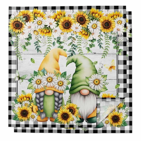 Cloth Napkins Set of 2 - 20x20 Inches, Sunflower Gnomes Washable Reusable Table Napkins, Spring Farmhouse Daisy Leaf Wooden Grain Soft & Absortbent Dining Napkin for Party Wedding Hotel Restaurant