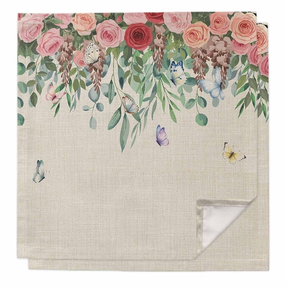 Cloth Napkins Set of 2 - 20x20 Inches, Watercolor Roses Washable Reusable Table Napkins, Spring Flowers Leaves Butterflies Beige Soft & Absortbent Dining Napkin for Party Wedding Hotel Restaurant