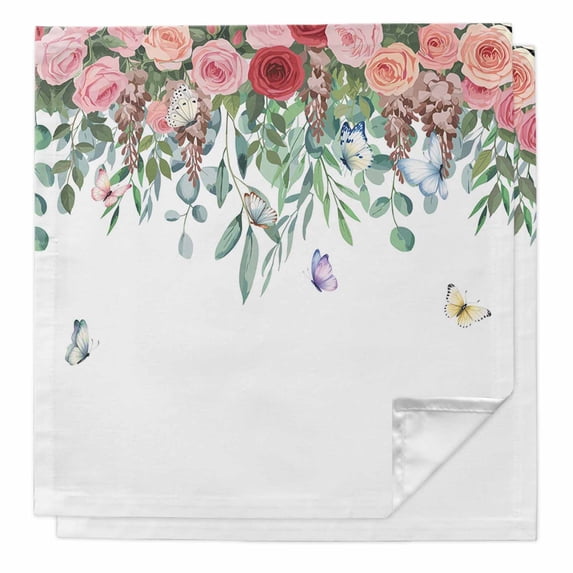 Cloth Napkins Set of 2 - 20x20 Inches, Watercolor Roses Washable Reusable Table Napkins, Spring Flowers Leaves Butterflies Botanical Soft & Absortbent Dining Napkin for Party Wedding Hotel Restaurant