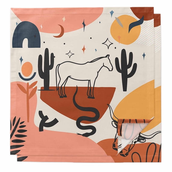 Cloth Napkins Set of 2 - 20x20 Inches, Western Boho Washable Reusable Table Napkins, Modern Abstract Horse Cactus Plant Offwhite Soft & Absortbent Dining Napkin for Party Wedding Hotel Restaurant