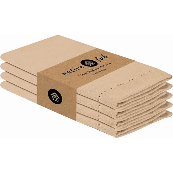 Cloth Napkins, Set of 4, 100% Cotton, Hemstitch Mitered Corners, 18"x 18", Soft, Washable, Absorbent, Reusable, Premium Linen Quality - Events, Wedding, Party, Dinner Napkins - Beige