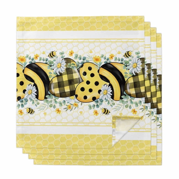 Cloth Napkins Set of 4 - 20x20 Inches, Bee Daisy Washable Reusable Table Napkins, Botanical Eucalyptus Leaves Spring Love Yellow Soft & Absortbent Dining Napkin for Party Wedding Hotel Restaurant