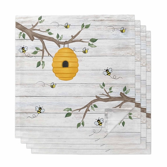 Cloth Napkins Set of 4 - 20x20 Inches, Bees Branches Washable Reusable Table Napkins, Farmhouse Spring Botanical Wooden Soft & Absortbent Dining Napkin for Party Wedding Hotel Restaurant