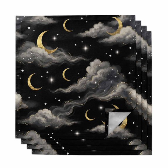 Cloth Napkins Set of 4 - 20x20 Inches, Black Moon Night Washable Reusable Table Napkins, Starry Evening Soft & Absortbent Dining Napkin for Party Wedding Hotel Restaurant