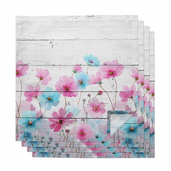Cloth Napkins Set of 4 - 20x20 Inches, Blue Pink Flowers Washable Reusable Table Napkins, Spring Garden Floral Gray Wooden Soft & Absortbent Dining Napkin for Party Wedding Hotel Restaurant