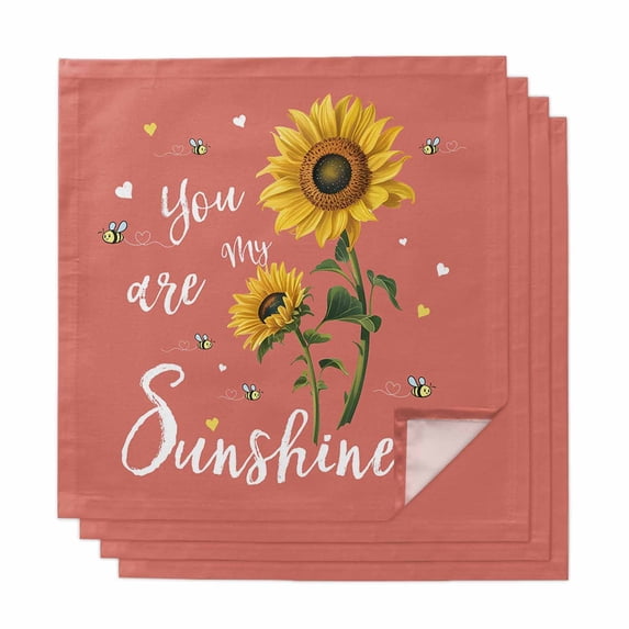 Cloth Napkins Set of 4 - 20x20 Inches, Coral Red Sunshine Sunflower Washable Reusable Table Napkins, Pastoral Bees Farmhouse Floral Soft & Absortbent Dining Napkin for Party Wedding Hotel Restaurant