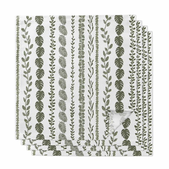 Cloth Napkins Set of 4 - 20x20 Inches, Dark Sage Green Botanical Washable Reusable Table Napkins, Summer Botanical Leaf Vertical Stripes Soft & Absortbent Dining Napkin for Party Wedding Hotel