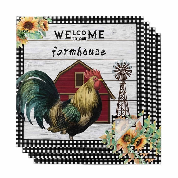 Cloth Napkins Set of 4 - 20x20 Inches, Farmhouse Rooster Washable Reusable Table Napkins, Rustic Red Barn Windmill Sunflowers Soft & Absortbent Dining Napkin for Party Wedding Hotel Restaurant