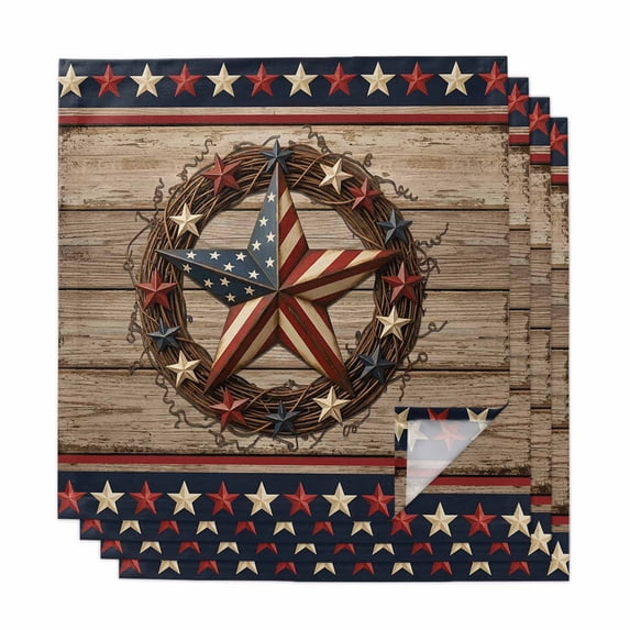 Cloth Napkins Set of 4 - 20x20 Inches, Independence Day Washable Reusable Table Napkins, American Patriotic Stars Wreath Wood Brown Soft & Absortbent Dining Napkin for Party Wedding Hotel Restaurant