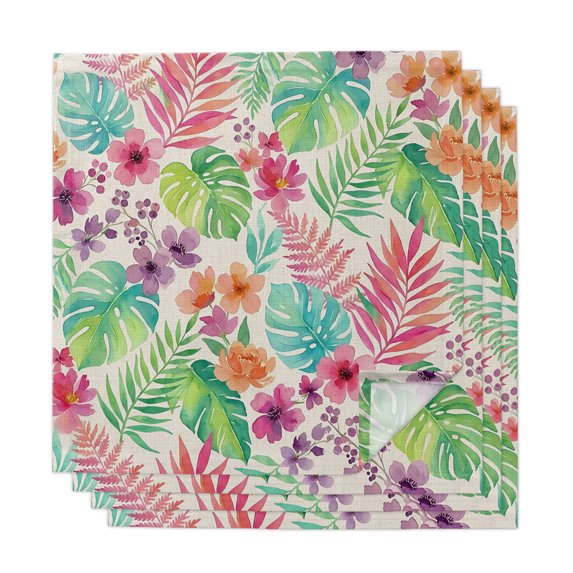 Cloth Napkins Set of 4 - 20x20 Inches, Pink Flowers Washable Reusable Table Napkins, Rustic Green Tropical Summer Botanical Soft & Absortbent Dining Napkin for Party Wedding Hotel Restaurant