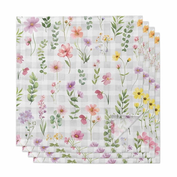 Cloth Napkins Set of 4 - 20x20 Inches, Pink Spring Floral Washable Reusable Table Napkins, Flowers Botanical Elegant Grey Checkered Soft & Absortbent Dining Napkin for Party Wedding Hotel Restaurant