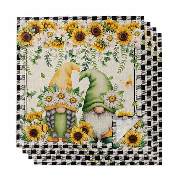 Cloth Napkins Set of 4 - 20x20 Inches, Sunflower Gnomes Washable Reusable Table Napkins, Spring Farmhouse Vintage Daisy Floral Leaf Soft & Absortbent Dining Napkin for Party Wedding Hotel Restaurant