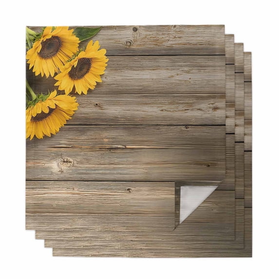 Cloth Napkins Set of 4 - 20x20 Inches, Sunflowers Washable Reusable Table Napkins, Farmhouse Country Floral Vintage Wooden Grain Soft & Absortbent Dining Napkin for Party Wedding Hotel Restaurant
